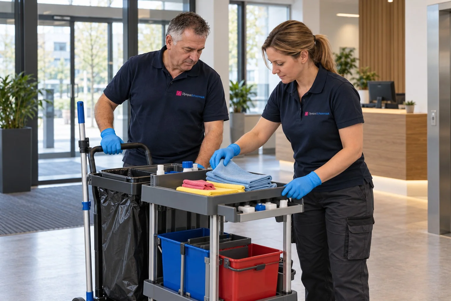 Twee medewerkers bereiden samen de schoonmaakkar met doeken en materialen voor
