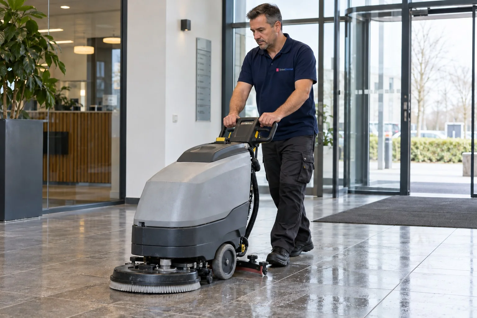 Medewerker bedient een schrobmachine op een stenen vloer in een zakelijke entree