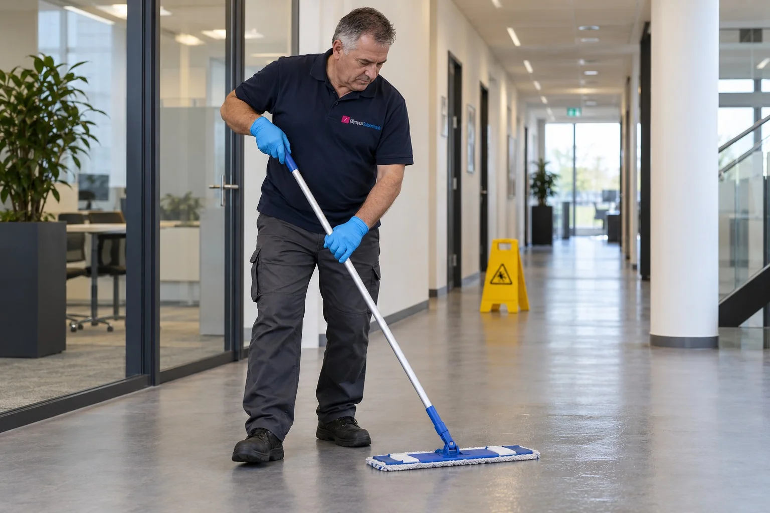 Medewerker reinigt een kantoorvloer met een vlakmop